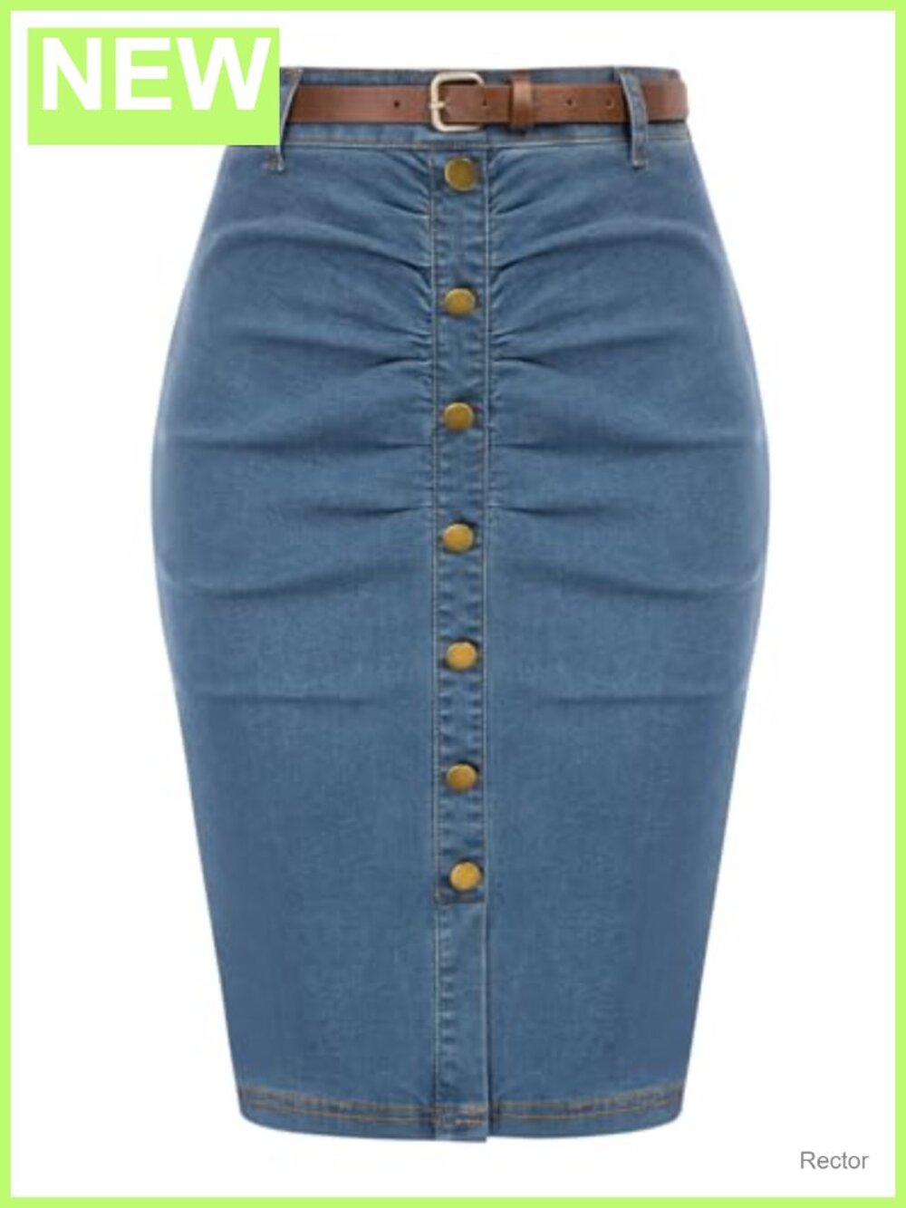 Denim Pencil Skirt High Waisted Ruched Bodycon with Belt Knee Length